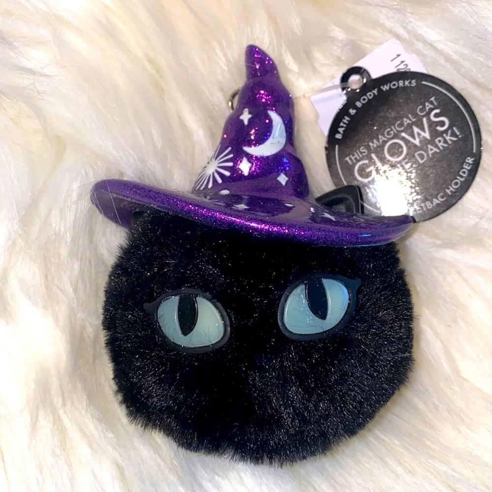 RARE GLOW-IN-THE-DARK BLACK CAT POM Sanitizer Holder